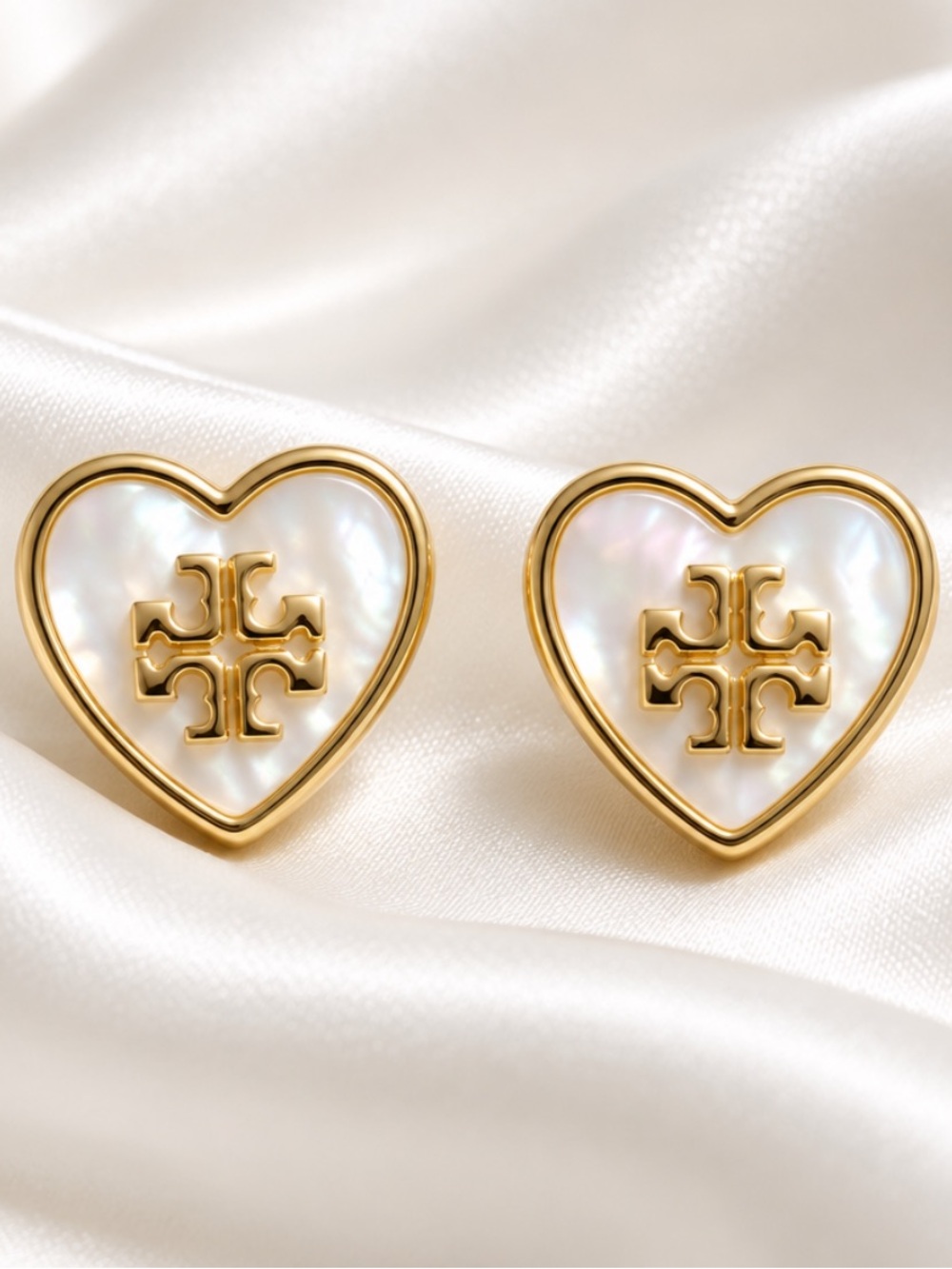 Tory Burch Forget Me Not Heart Logo Pearl Gold Stud Earrings.